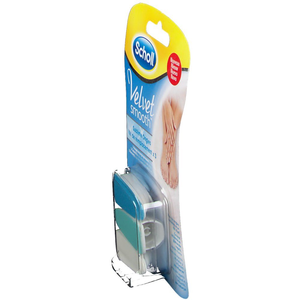 Scholl Velvet Smooth Ersatz-Set. Seitenansicht der Verpackung mit drei Ersatzköpfen. Produktname und Logo sichtbar.