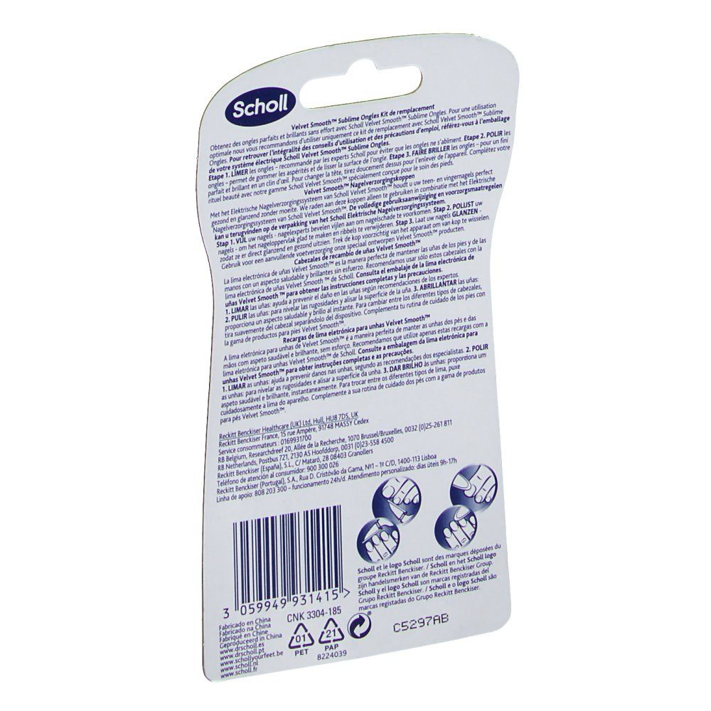 Rückseite der Scholl Velvet Smooth Verpackung. Textinformationen, Barcode und Logos. Drei Symbole für die Anwendung.