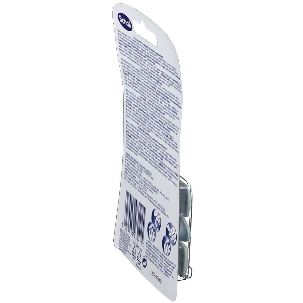 Seitenansicht der Scholl Velvet Smooth Verpackung. Text und Logos auf der Rückseite. Drei Symbole für die Anwendung.