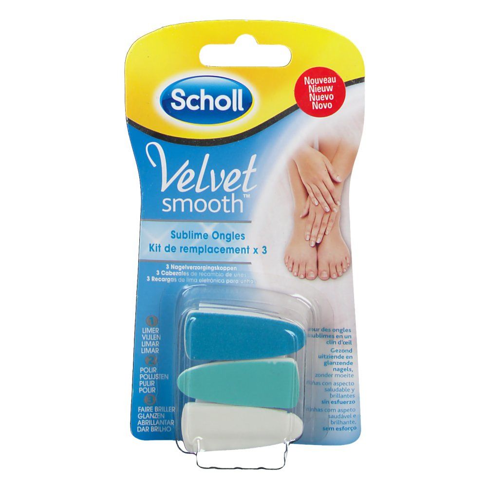Scholl Velvet Smooth Ersatz-Set. Drei Ersatzköpfe in Blau, Türkis und Weiß. Verpackung mit Produktnamen und Abbildung.