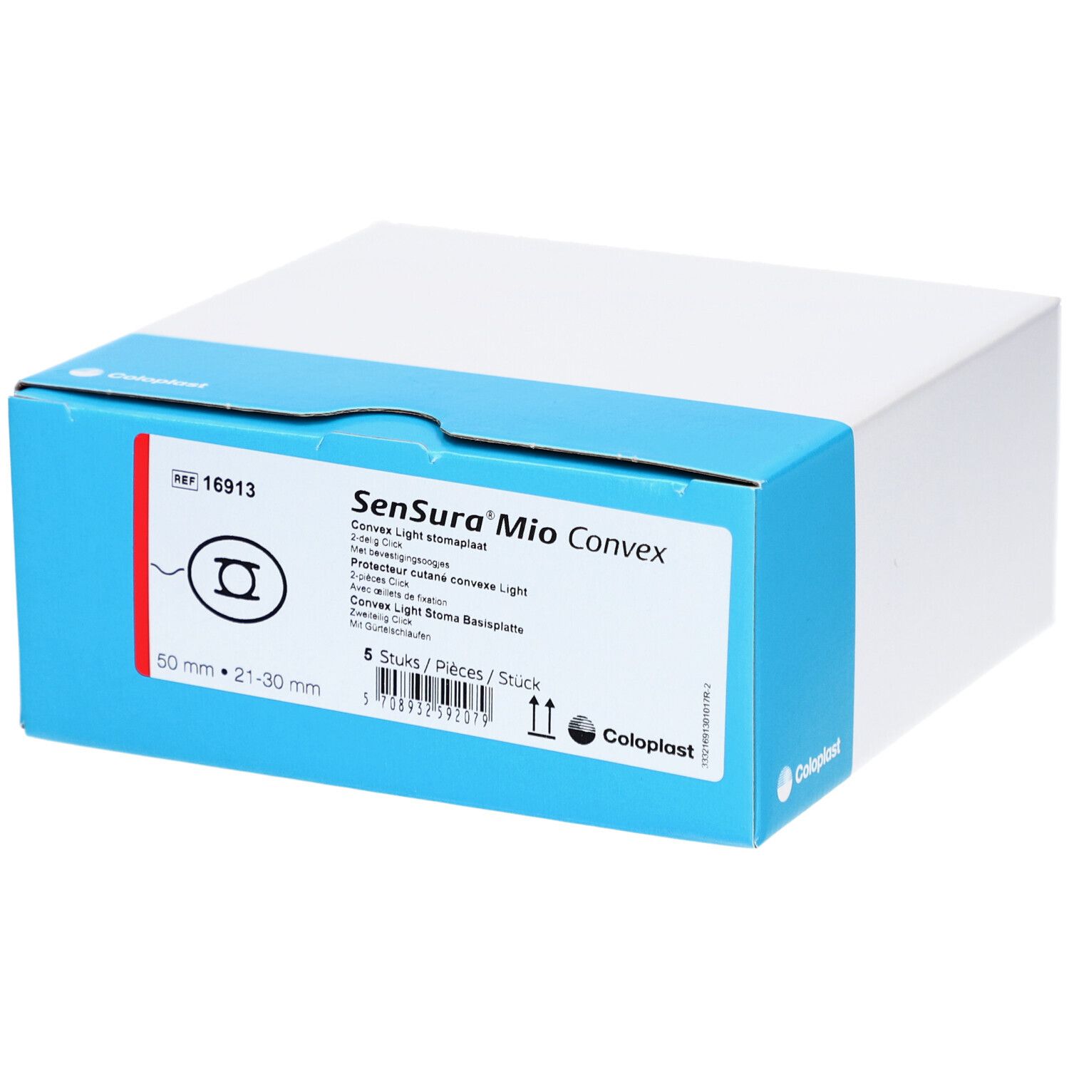 Karton mit Produktinformationen. Aufschrift: SenSura Mio Convex, 50 mm, 21-30 mm. Marke Coloplast.