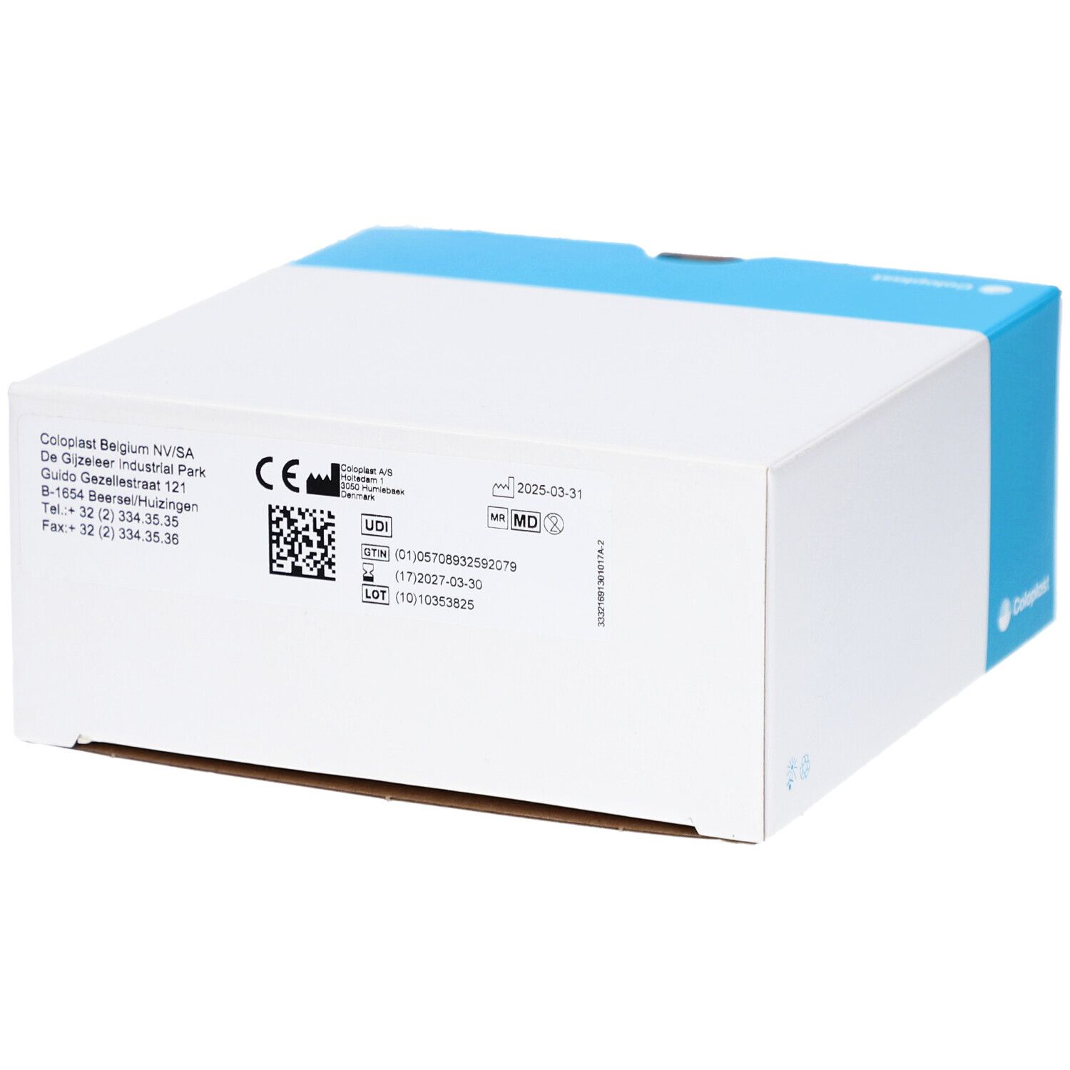 Karton mit Produktinformationen. Aufschrift: CE-Kennzeichnung, MD-Symbol, Verfallsdatum. Marke Coloplast.