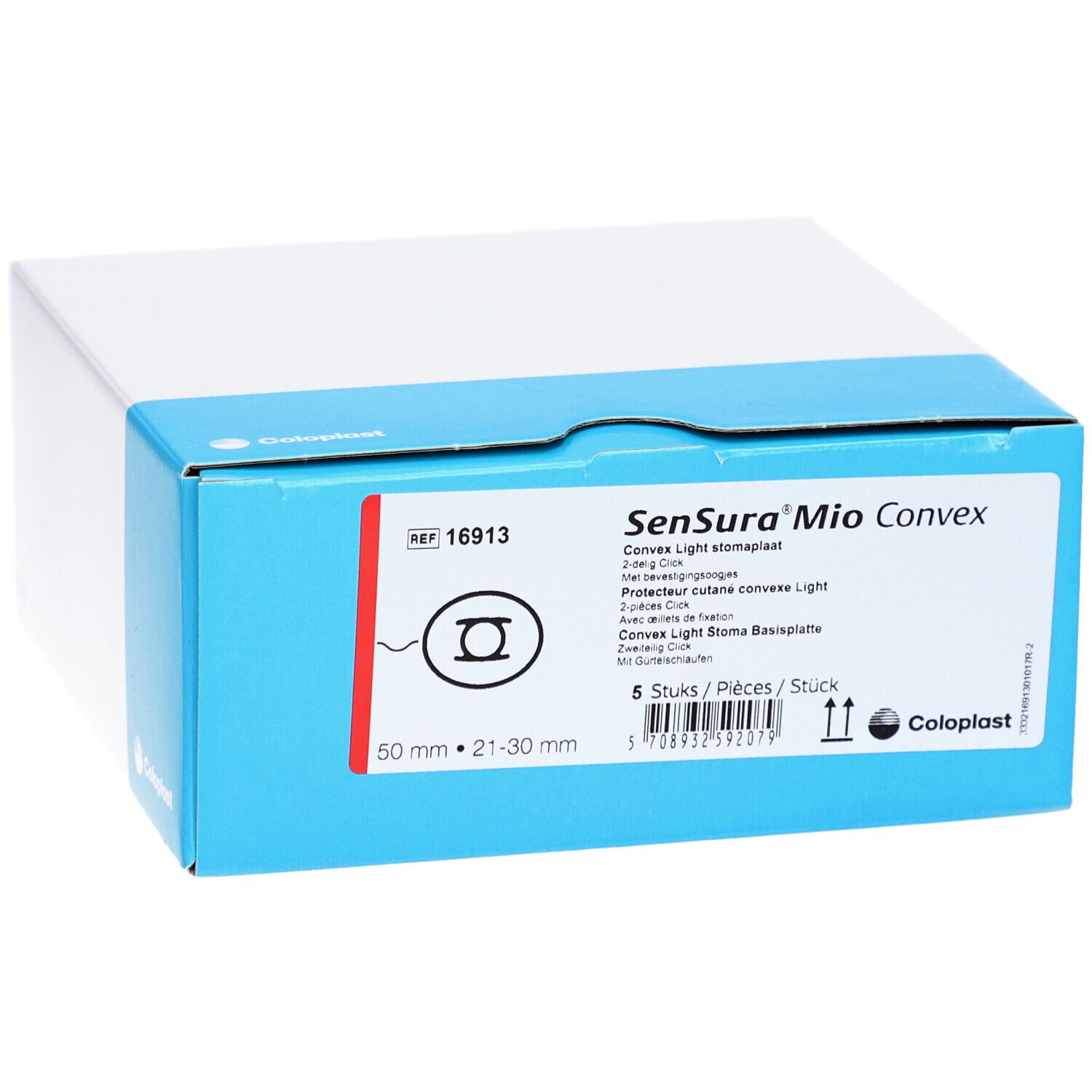 Karton mit Produktinformationen. Aufschrift: SenSura Mio Convex, 50 mm, 21-30 mm, 5 Stück. Marke Coloplast.