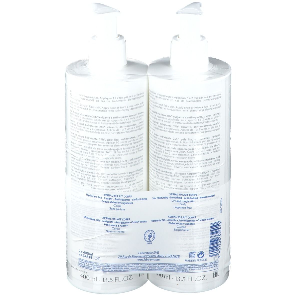 Zwei weiße Flaschen mit Pumpaufsatz, verbunden durch eine transparente Folie. Auf den Flaschen sind Produktinformationen aufgedruckt.