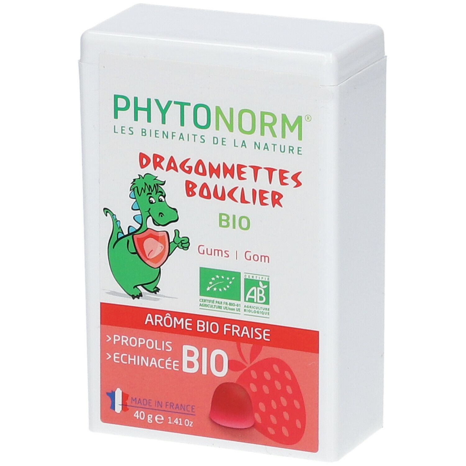 Weißer Behälter mit Produktaufdruck. Aufschrift PHYTONORM, Dragonnettes Bouclier, BIO. Abbildung eines Drachen und einer Erdbeere.