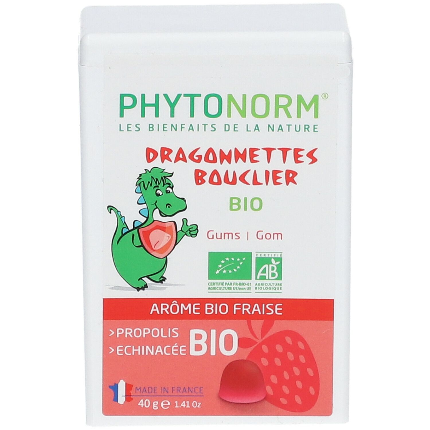 Weißer Behälter mit Produktaufdruck. Aufschrift PHYTONORM, Dragonnettes Bouclier, BIO. Abbildung eines Drachen und einer Erdbeere.
