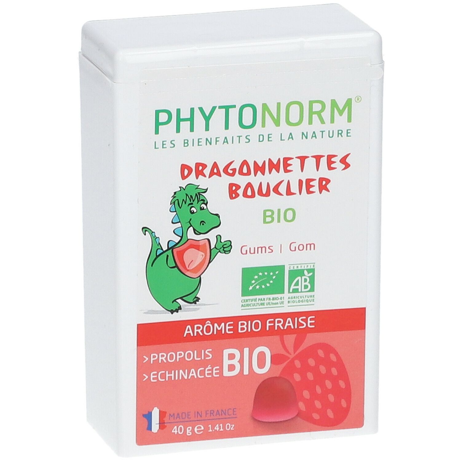 Weißer Behälter mit Produktaufdruck. Aufschrift PHYTONORM, Dragonnettes Bouclier, BIO. Abbildung eines Drachen und einer Erdbeere.
