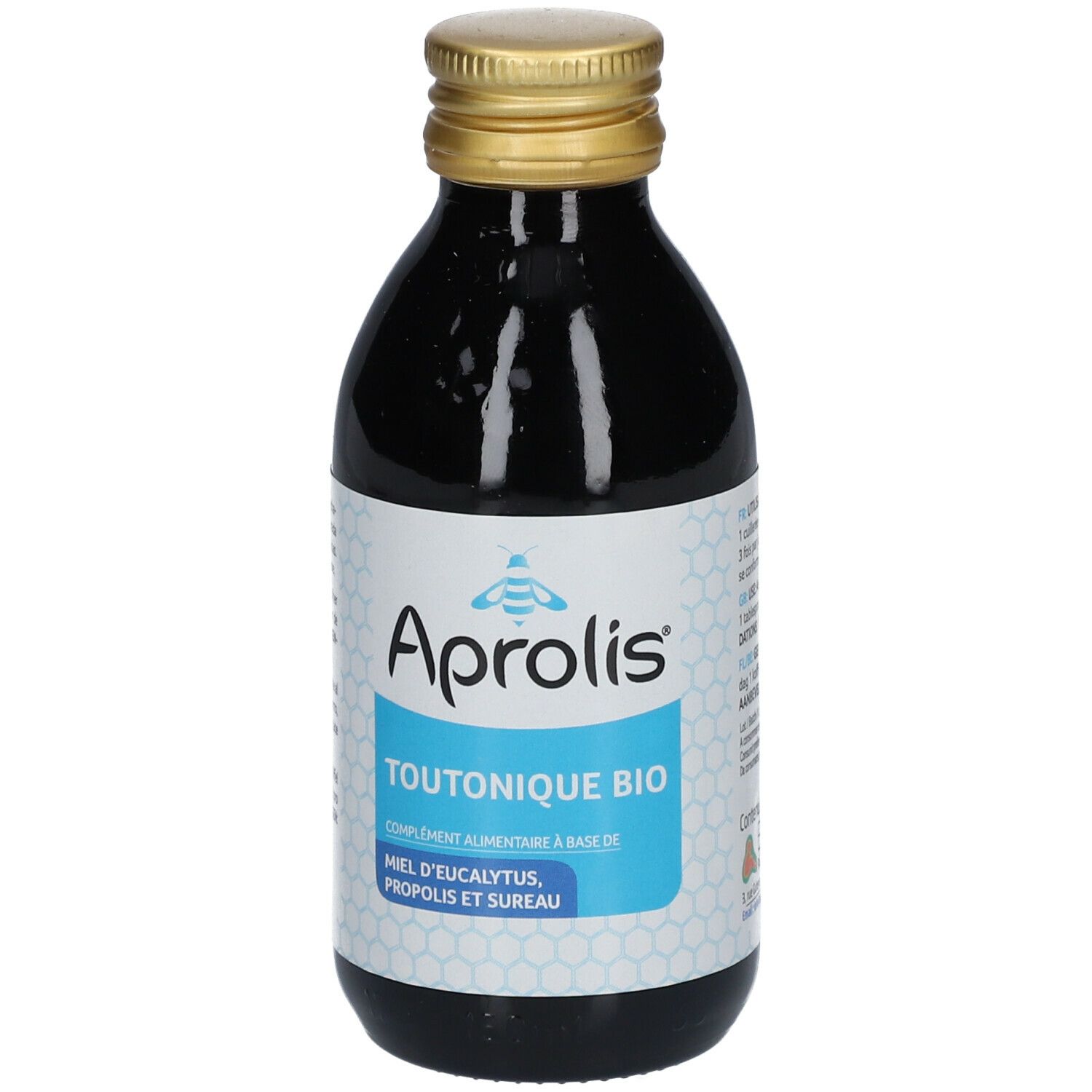Braune Glasflasche mit goldfarbenem Deckel. Etikett mit "Aprolis TOUTONIQUE BIO".