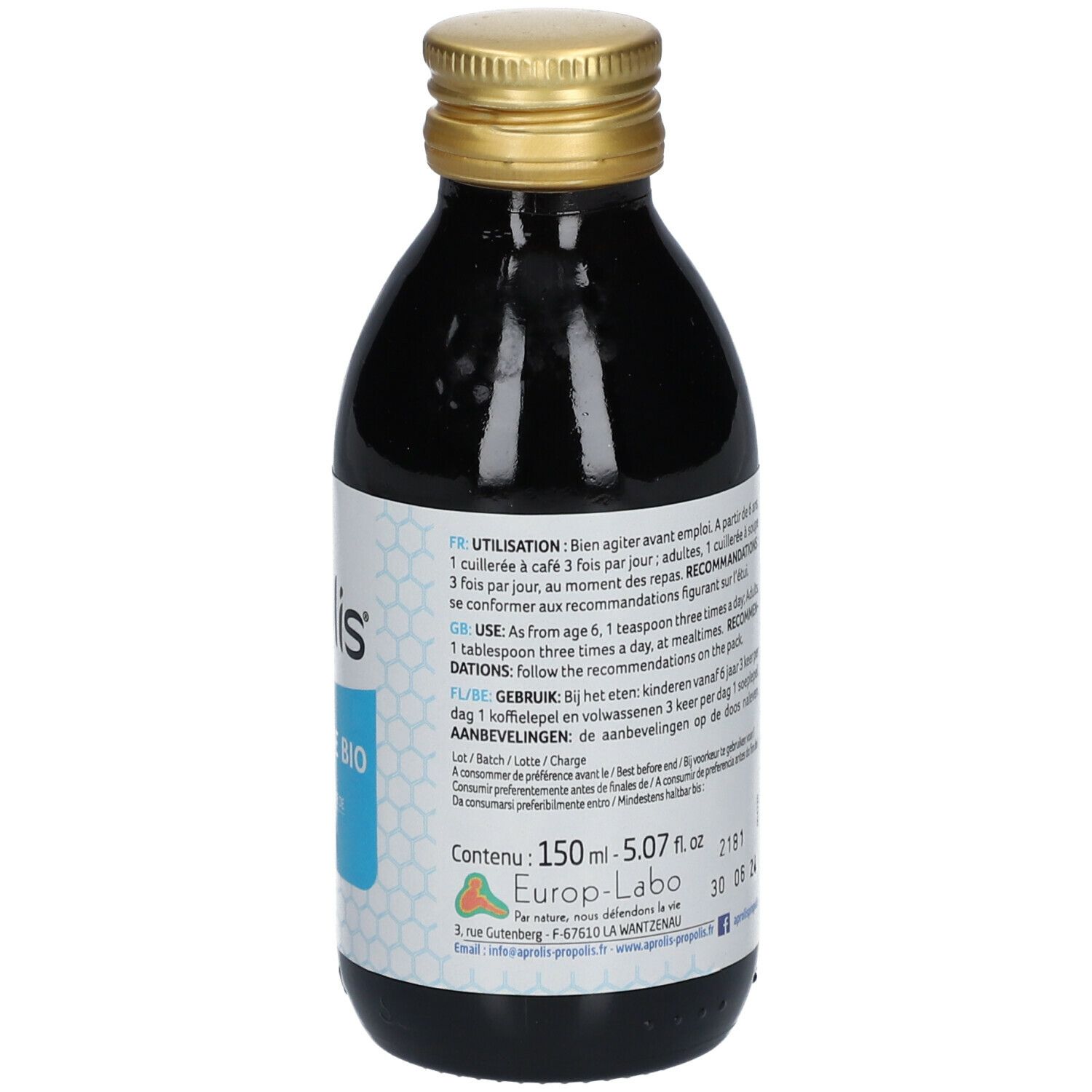 Braune Glasflasche mit goldfarbenem Deckel. Etikett mit Text in mehreren Sprachen, Volumenangabe.