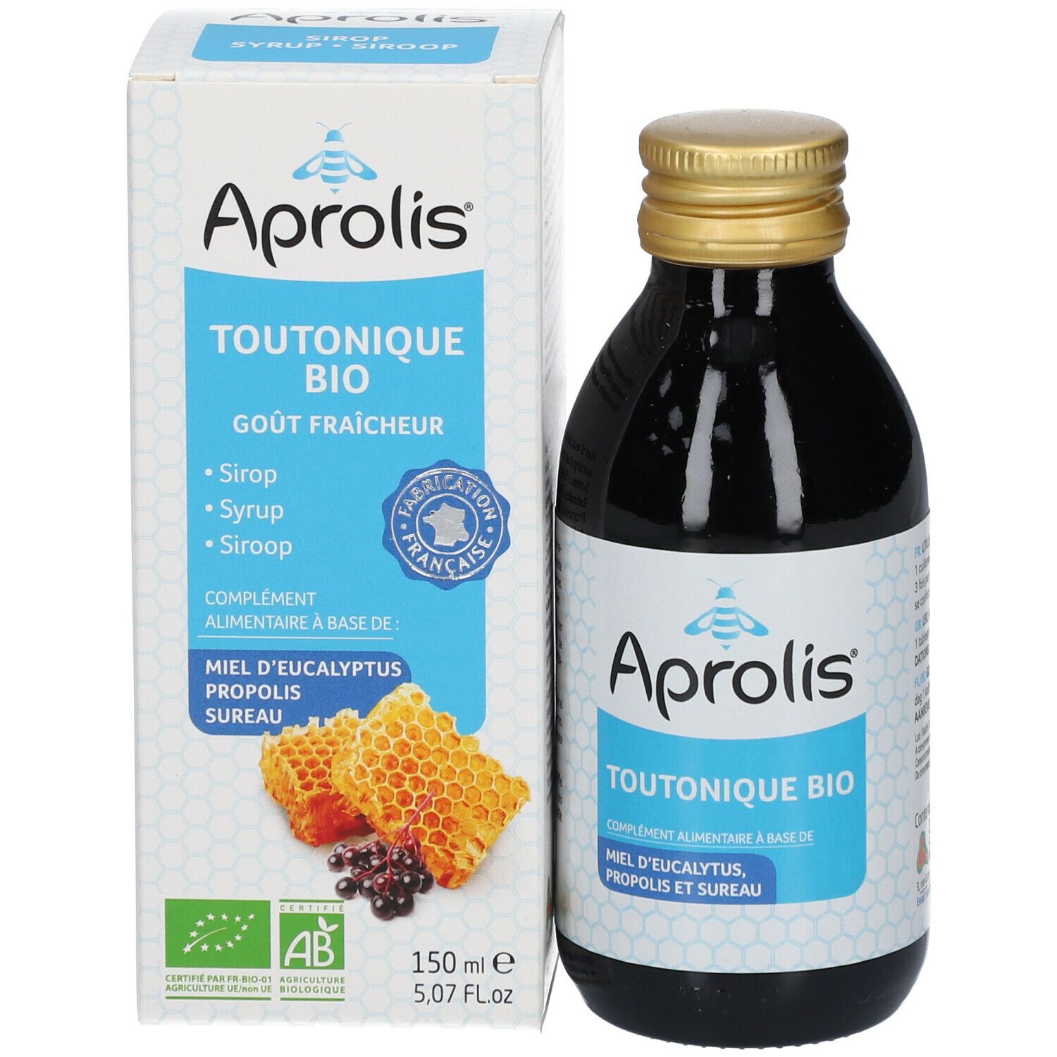 Produktverpackung: Flasche und Karton. Auf dem Karton: "Aprolis TOUTONIQUE BIO".