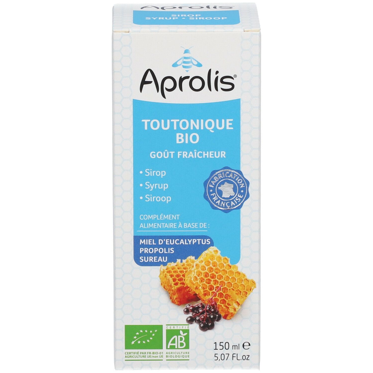 Produktverpackung: Karton mit "Aprolis TOUTONIQUE BIO". Abbildung von Honigwaben und Beeren.