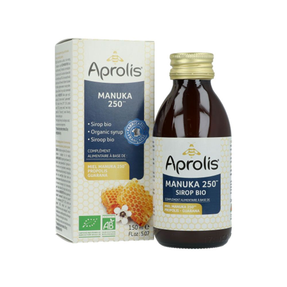 Braune Glasflasche mit goldfarbenem Deckel. Etikett mit Produktnamen und Logo. Kartonverpackung daneben.