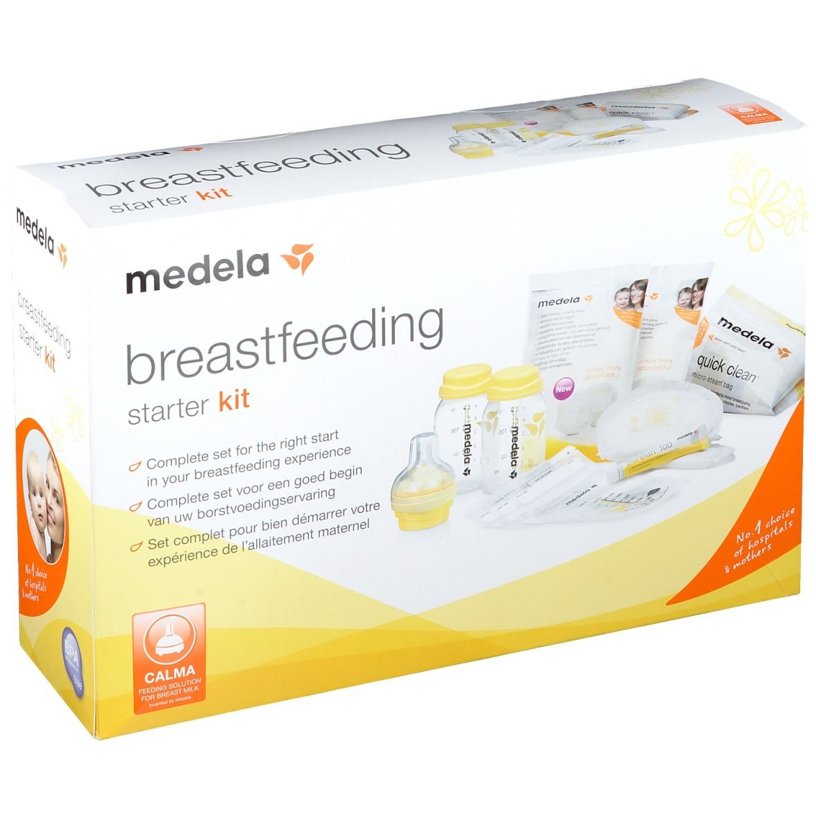 Medela Still-Starter-Set. Karton mit Produktabbildungen und Text. Enthält Flaschen, Sauger, Stilleinlagen und weitere Artikel.