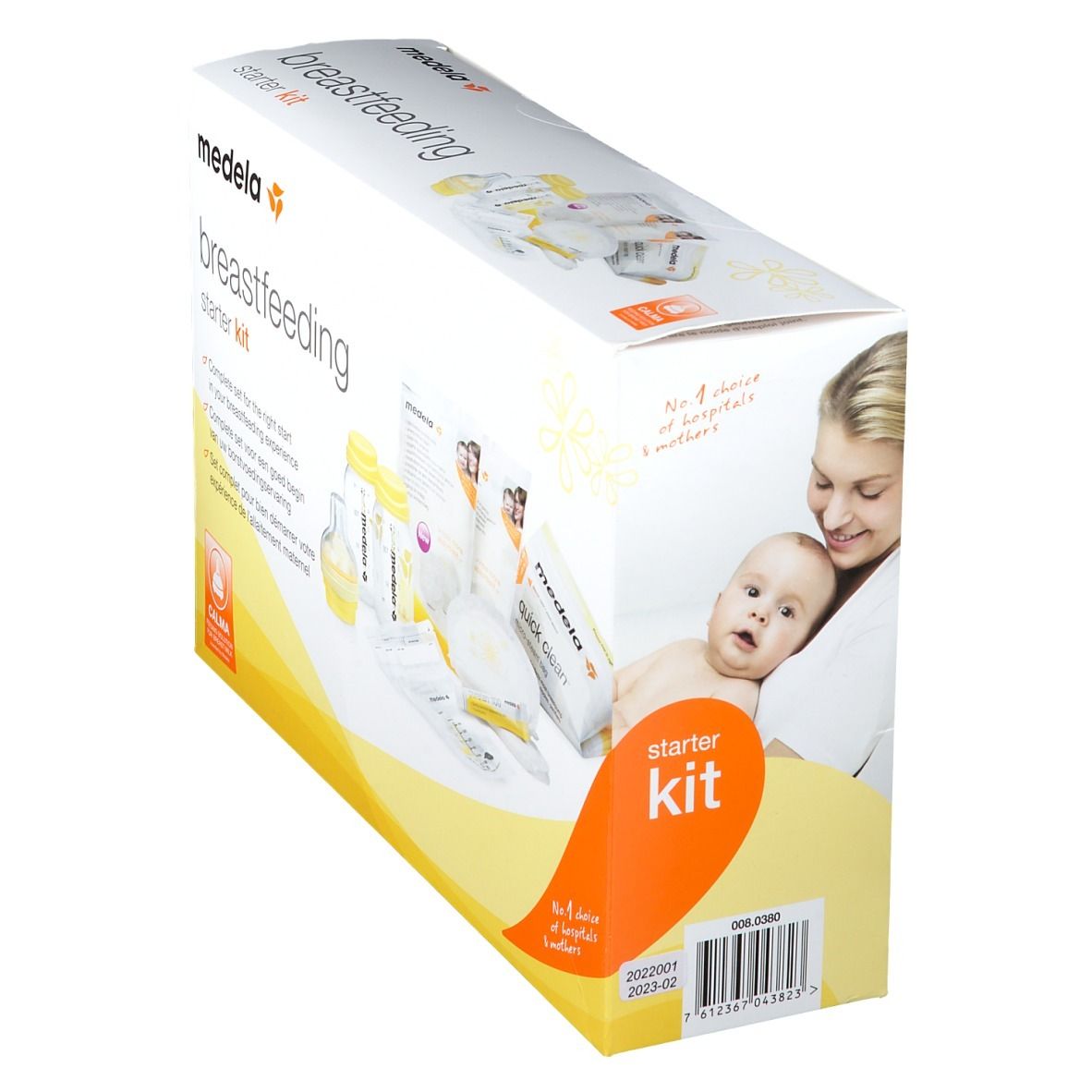 Medela Still-Starter-Set. Schrägansicht der Verpackung. Zeigt Produktabbildungen und Text. Enthält Flaschen, Sauger, Stilleinlagen.