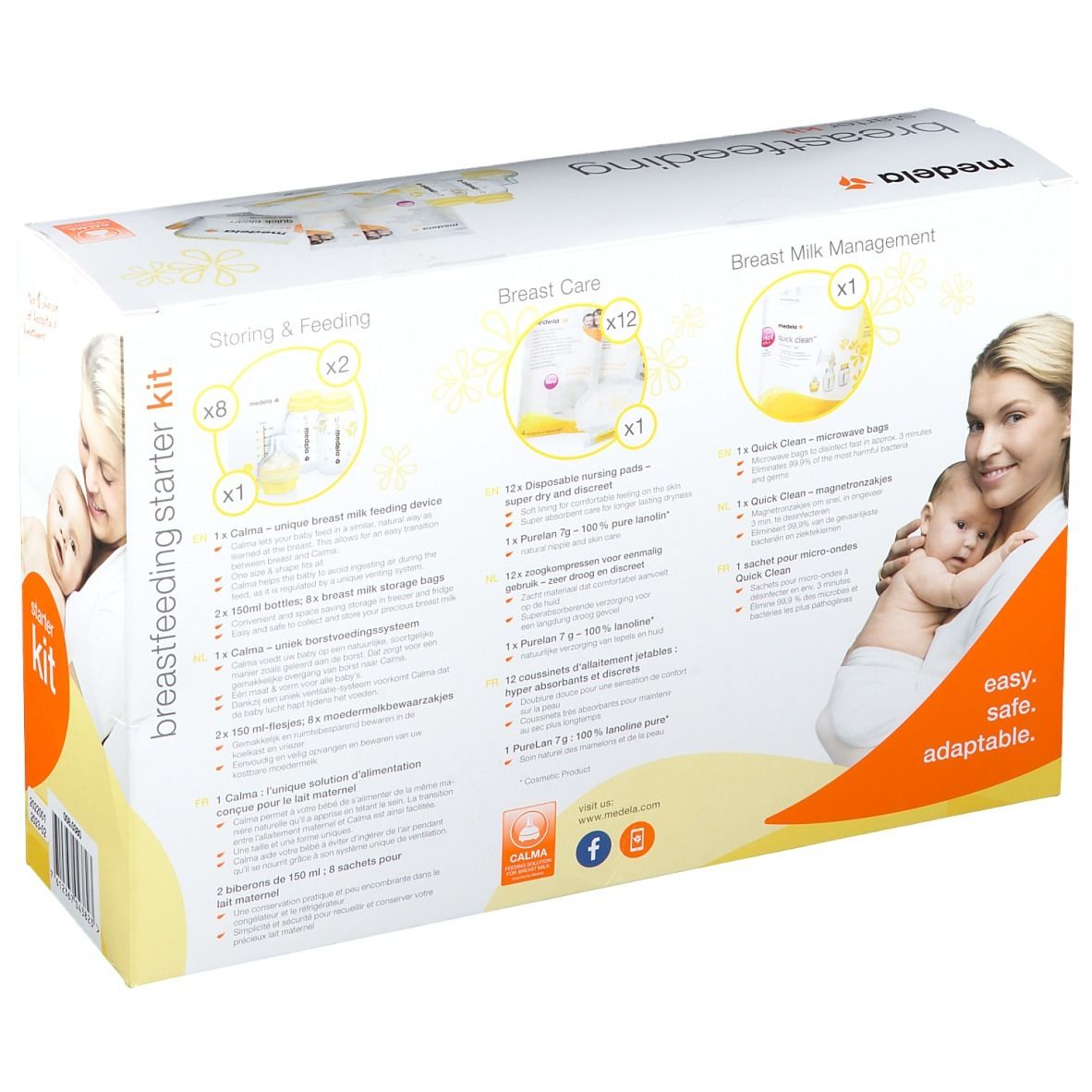 Rückseite des Medela Still-Starter-Sets. Enthält Produktabbildungen und Text. Zeigt Komponenten wie Flaschen, Stilleinlagen und mehr.