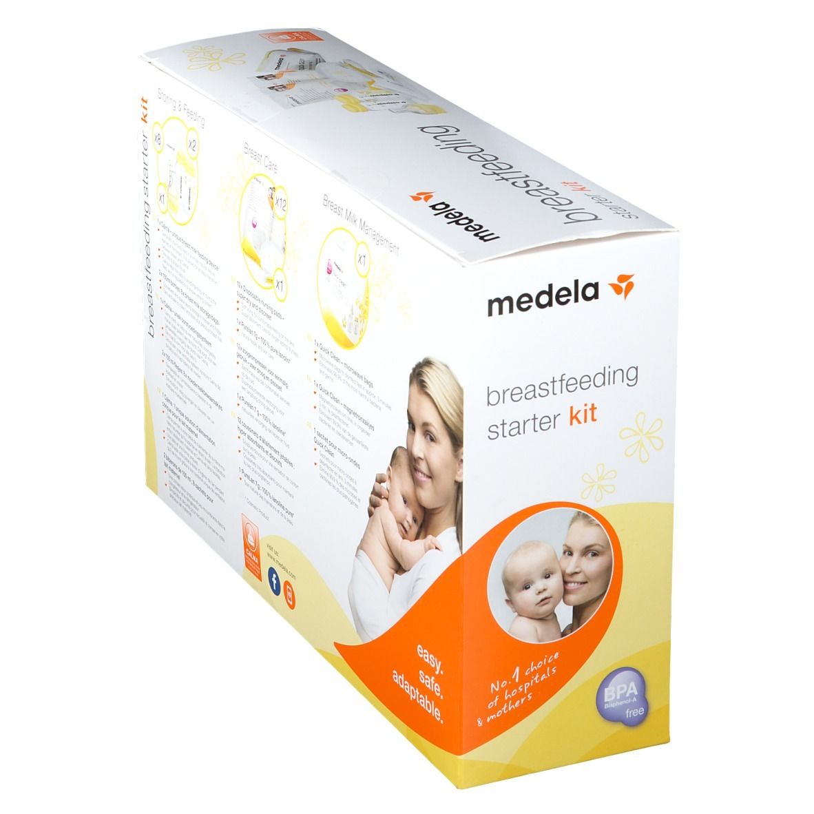 Medela Still-Starter-Set. Schrägansicht der Verpackung. Zeigt Produktabbildungen und Text. Enthält Flaschen, Sauger, Stilleinlagen.