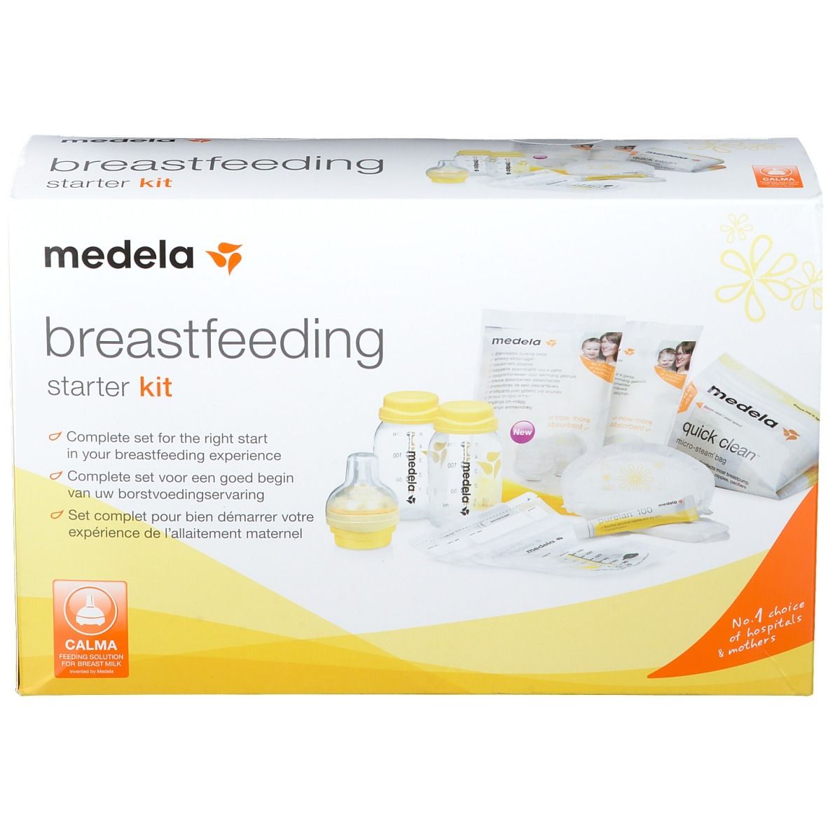 Medela Still-Starter-Set. Karton mit Produktabbildungen und Text. Enthält Flaschen, Sauger, Stilleinlagen und weitere Artikel.