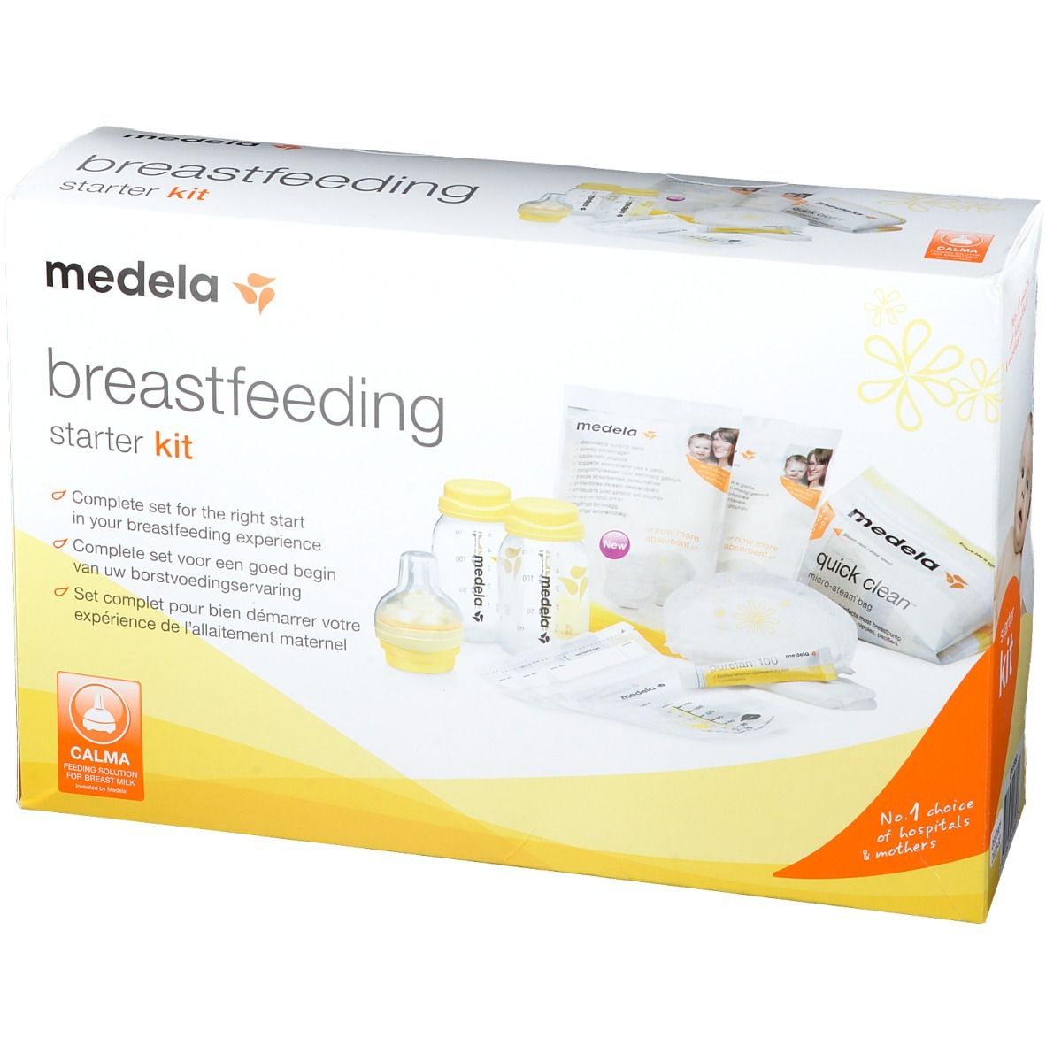 Medela Still-Starter-Set. Karton mit Produktabbildungen und Text. Enthält Flaschen, Sauger, Stilleinlagen und weitere Artikel.