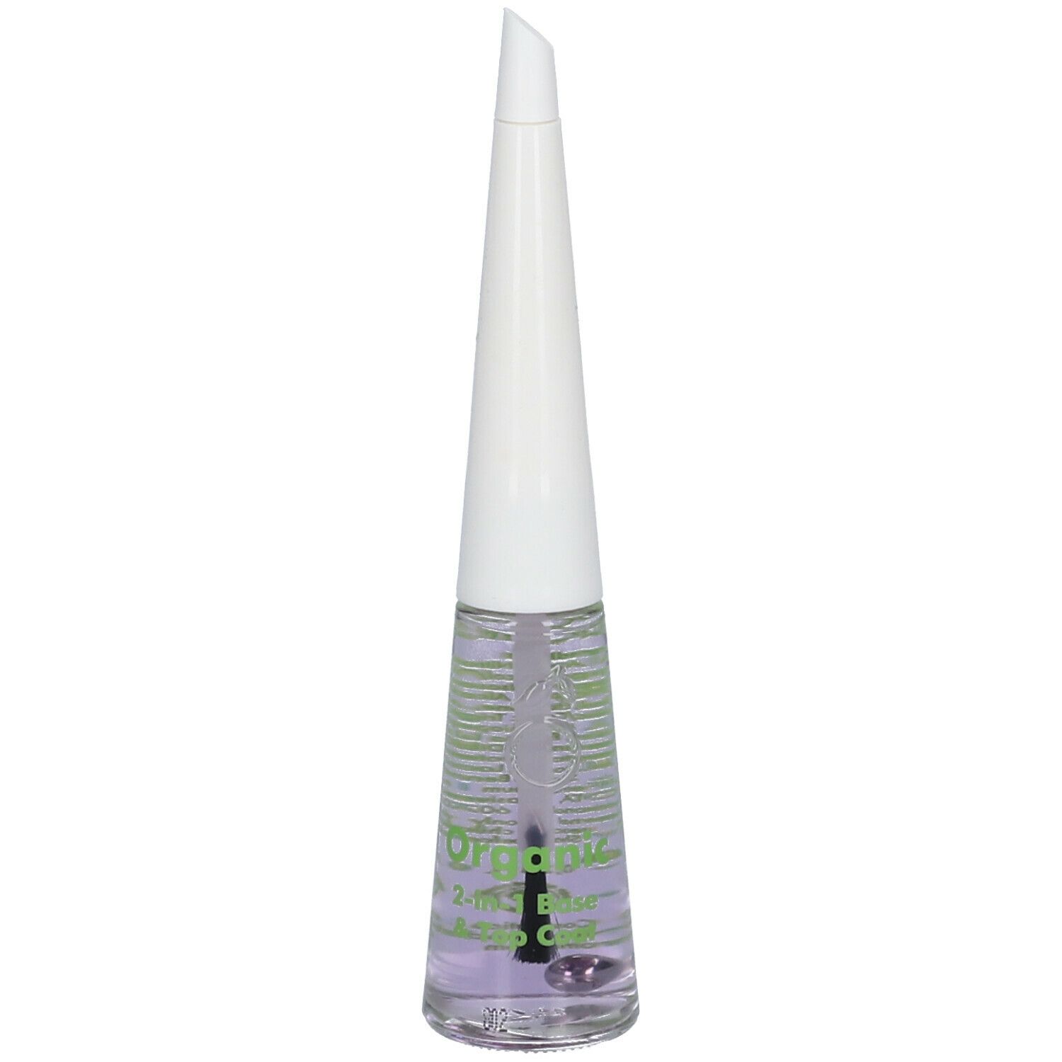 Fläschchen mit farblosem Nagellack. Weißer Deckel, grüner Aufdruck. Aufschrift: Organic 2-in-1 Base & Top Coat.