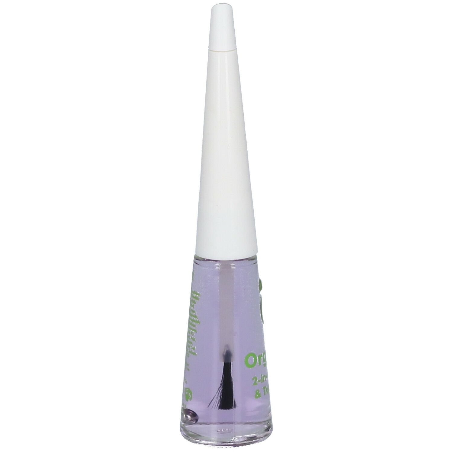 Fläschchen mit farblosem Nagellack. Weißer Deckel, grüner Aufdruck. Aufschrift: Organic 2-in-1 Base & Top Coat.
