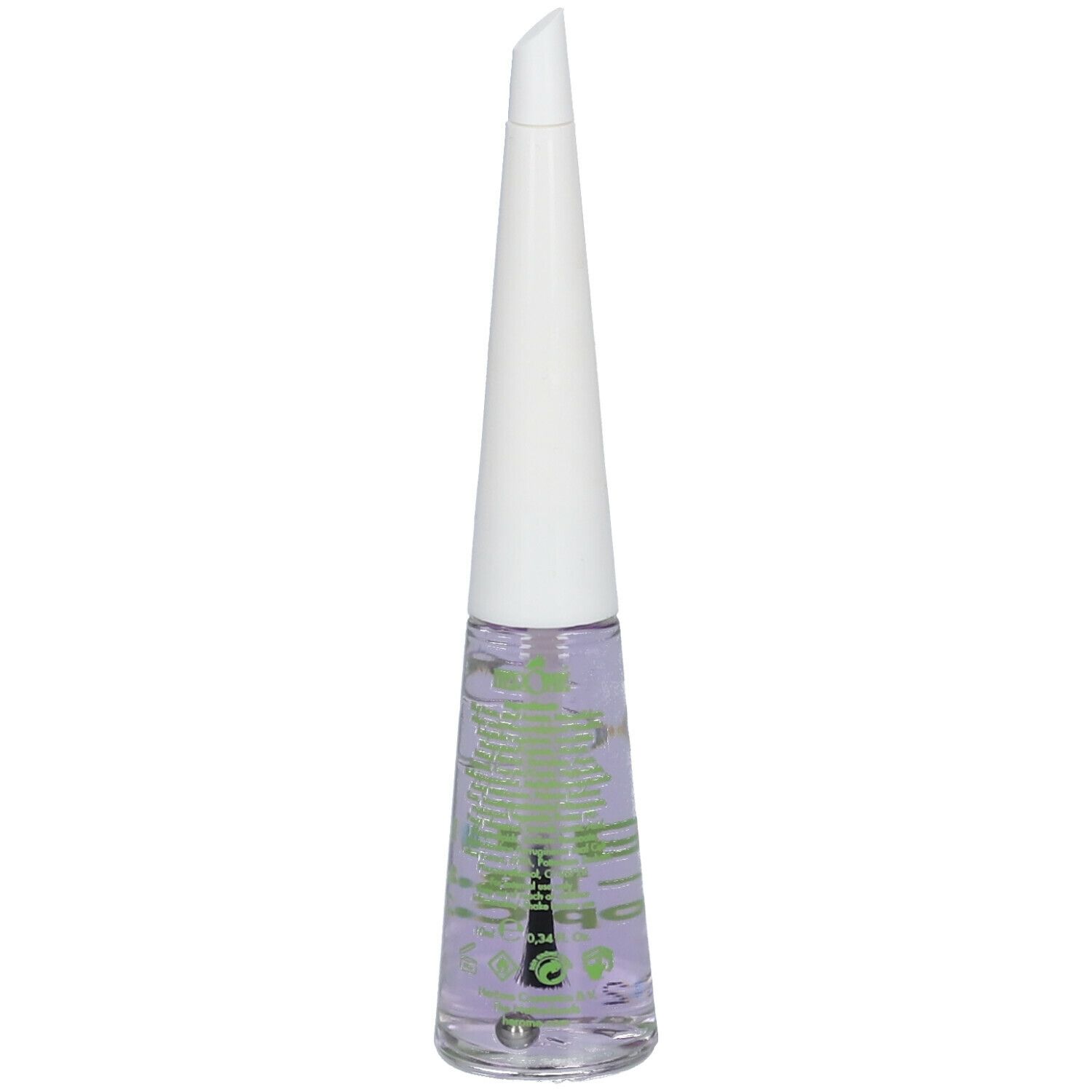 Fläschchen mit farblosem Nagellack. Weißer Deckel, grüner Aufdruck. Aufschrift: Organic 2-in-1 Base & Top Coat.