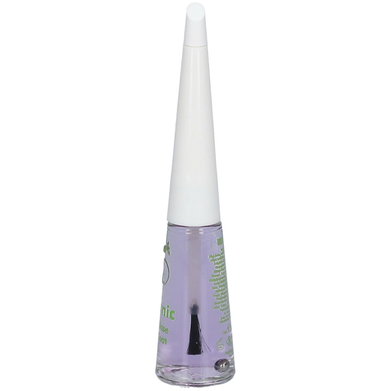 Fläschchen mit farblosem Nagellack. Weißer Deckel, grüner Aufdruck. Aufschrift: Organic 2-in-1 Base & Top Coat.