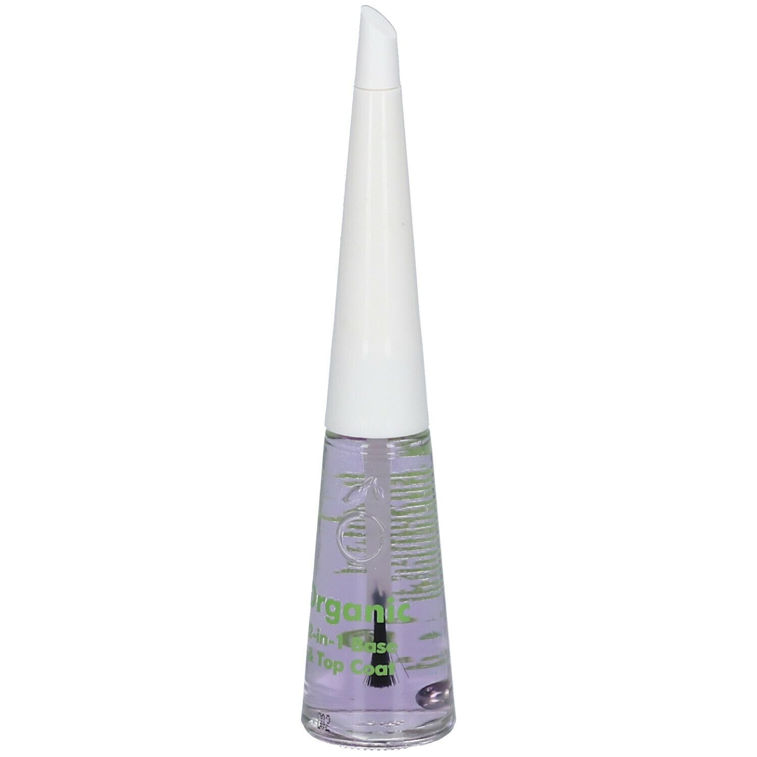 Fläschchen mit farblosem Nagellack. Weißer Deckel, grüner Aufdruck. Aufschrift: Organic 2-in-1 Base & Top Coat.