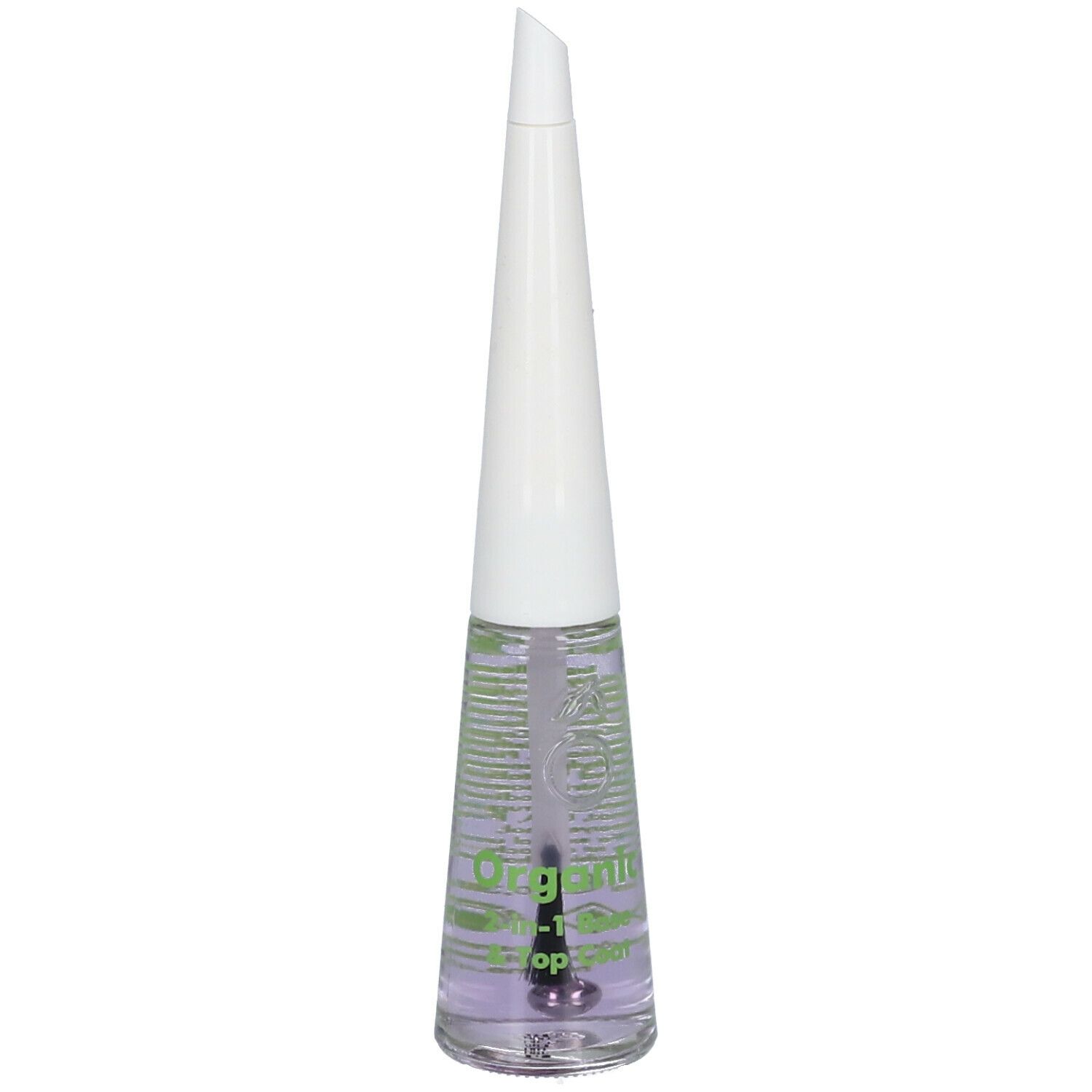 Fläschchen mit farblosem Nagellack. Weißer Deckel, grüner Aufdruck. Aufschrift: Organic 2-in-1 Base & Top Coat.