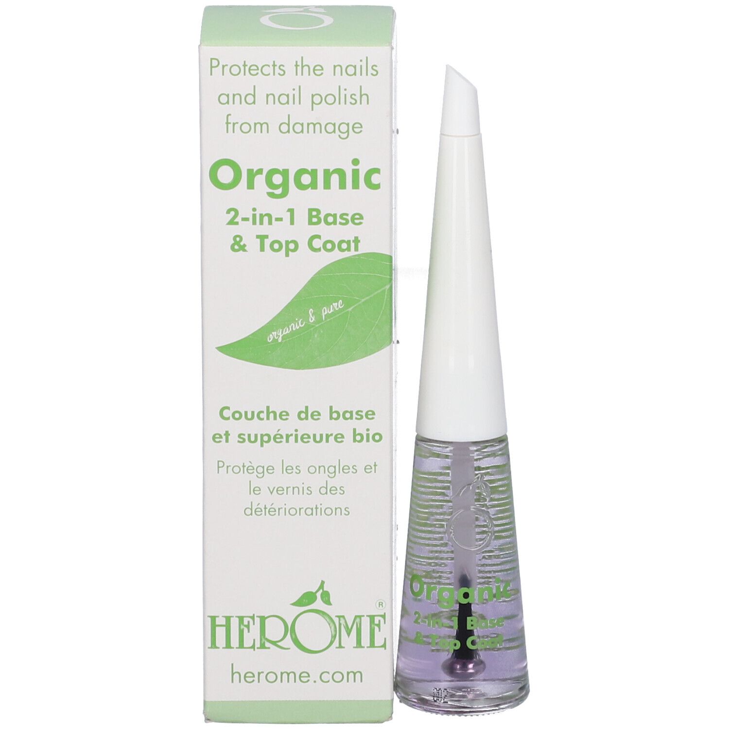 Nagellackflasche und Verpackung. Aufschrift: Organic 2-in-1 Base & Top Coat. Verpackung mit Text und Logo.