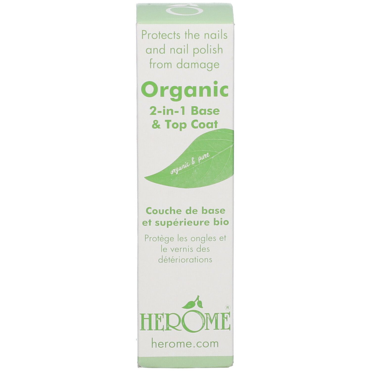 Verpackung mit Text und Logo. Aufschrift: Organic 2-in-1 Base & Top Coat. Marke: HEROME.