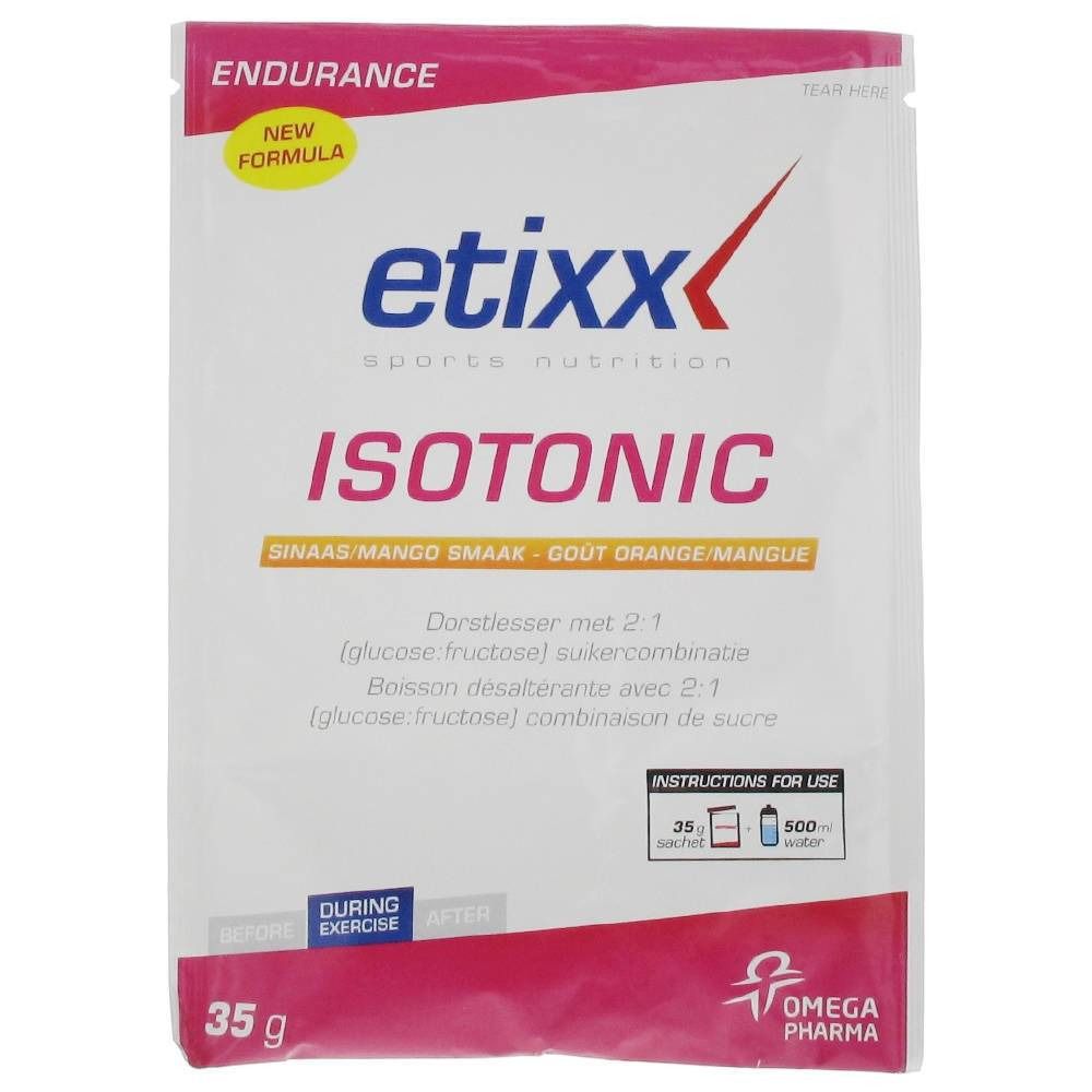 Beutel mit etixx ISOTONIC. Orange/Mango-Geschmack. Enthält Informationen zur Anwendung und das Logo von Omega Pharma.
