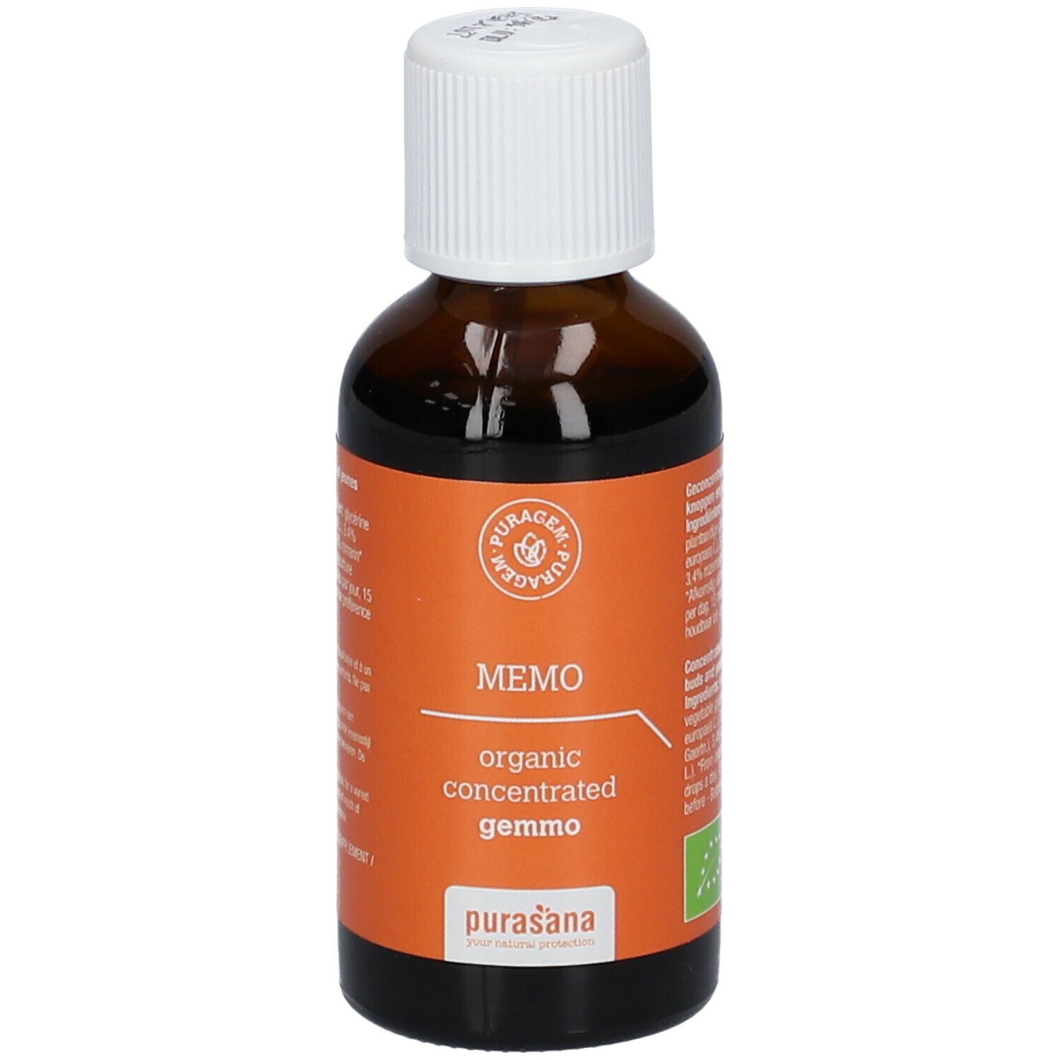 Braune Glasflasche mit weißem Deckel. Orangefarbenes Etikett mit Produktnamen und Logo. Bio-Zertifizierung.
