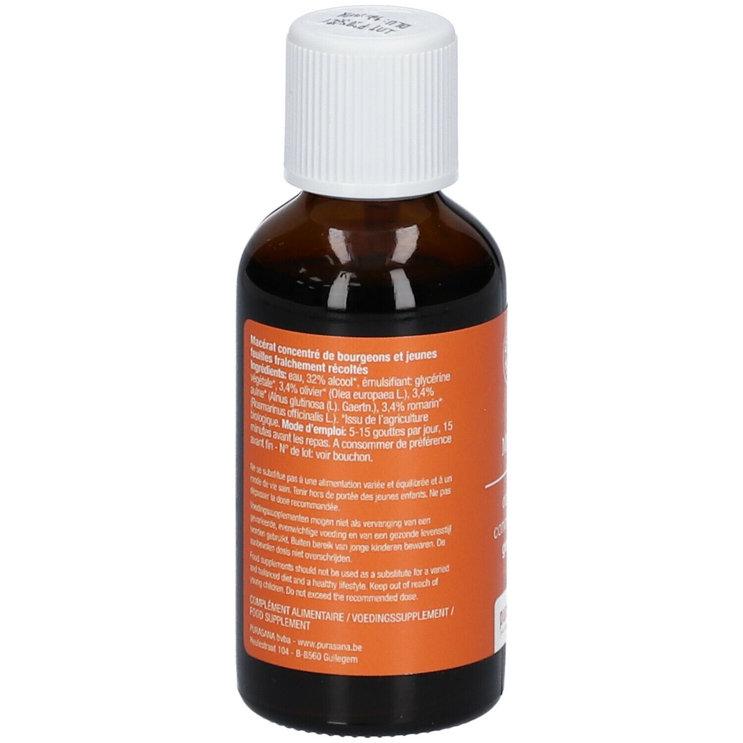 Braune Glasflasche mit weißem Deckel. Rückseite mit Text in mehreren Sprachen. Bio-Zertifizierung.