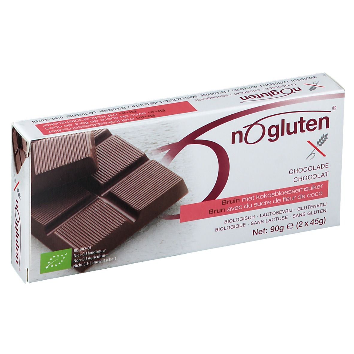 Schokoladentafel in Verpackung. Braune Schokolade mit sichtbaren Stücken. Aufschrift: nOgluten, Schokolade.