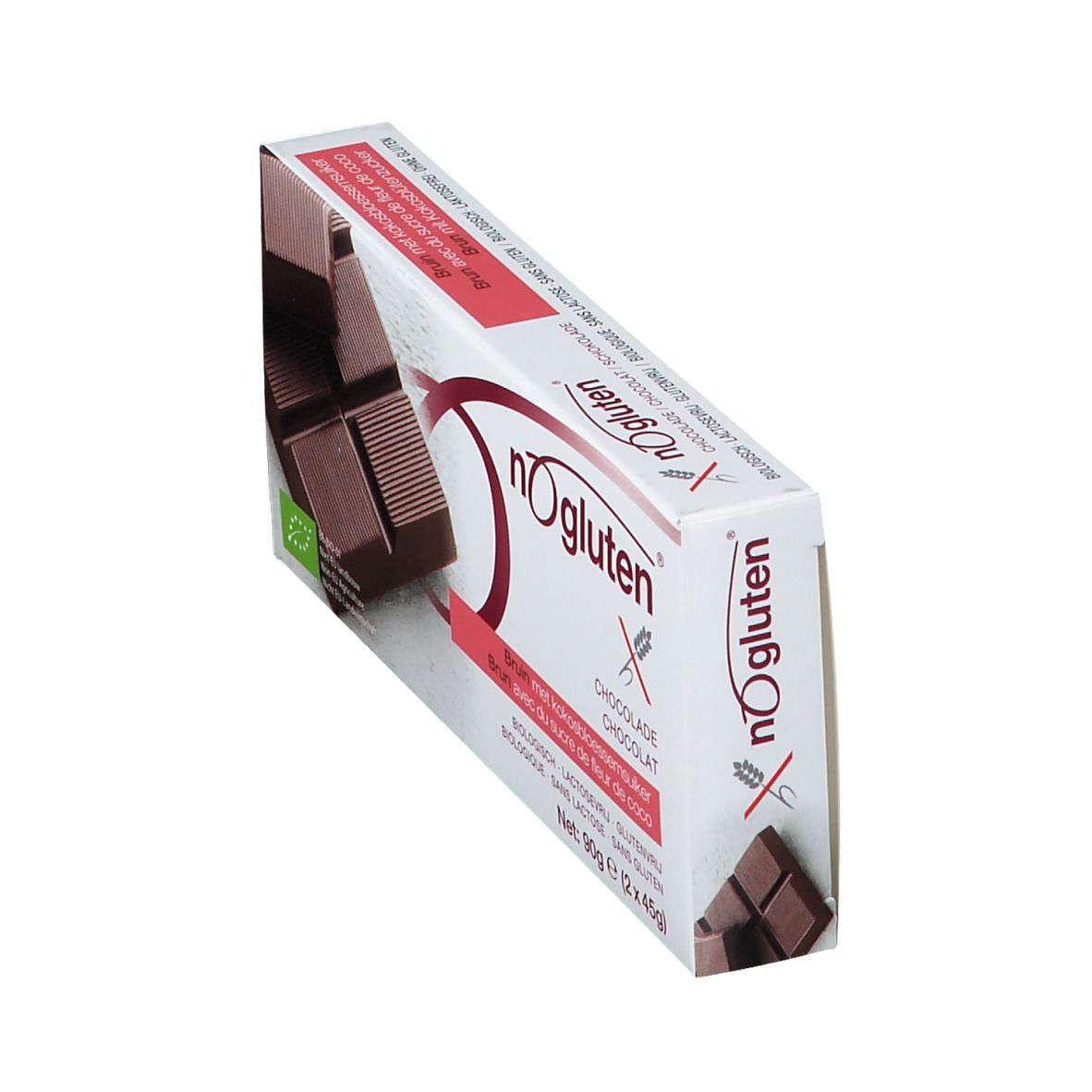 Schokoladenverpackung in Schrägansicht. Braune Schokoladenstücke sind sichtbar. Aufschrift: nOgluten, Schokolade.
