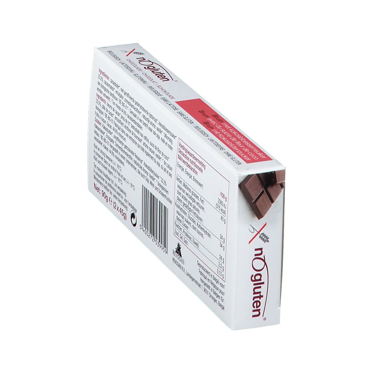 Schokoladenverpackung in Schrägansicht. Text und Nährwertangaben sind sichtbar. Aufschrift: nOgluten.