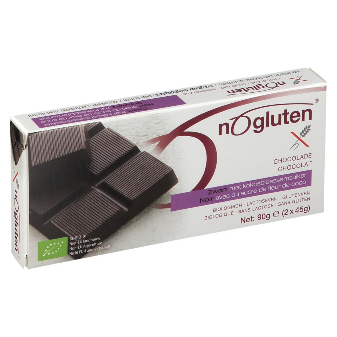 nOgluten Schokolade, dunkle Schokolade, in Verpackung. Glutenfrei, laktosefrei. 90g. Mit Kokosblütenzucker.