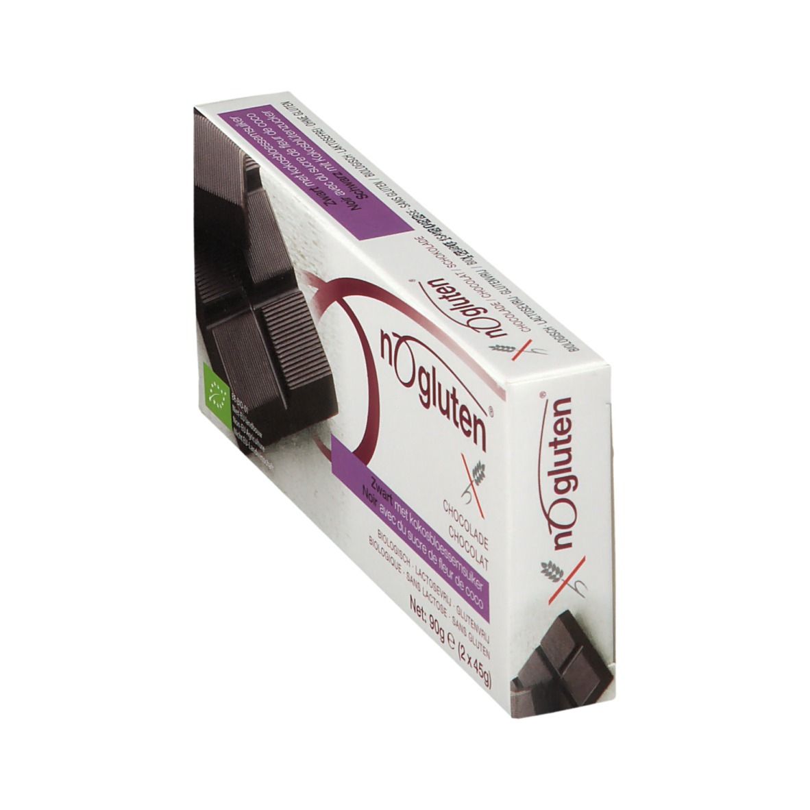 nOgluten Schokoladenverpackung, schräg. Dunkle Schokolade sichtbar. Glutenfrei, laktosefrei. 90g.