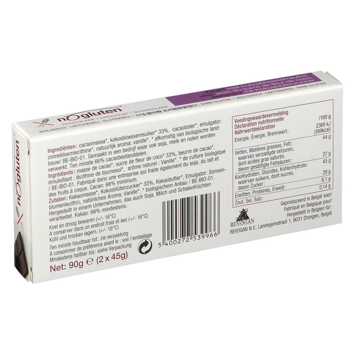 Rückseite der nOgluten Schokoladenverpackung. Zutatenliste und Nährwertangaben. 90g. Glutenfrei, laktosefrei.
