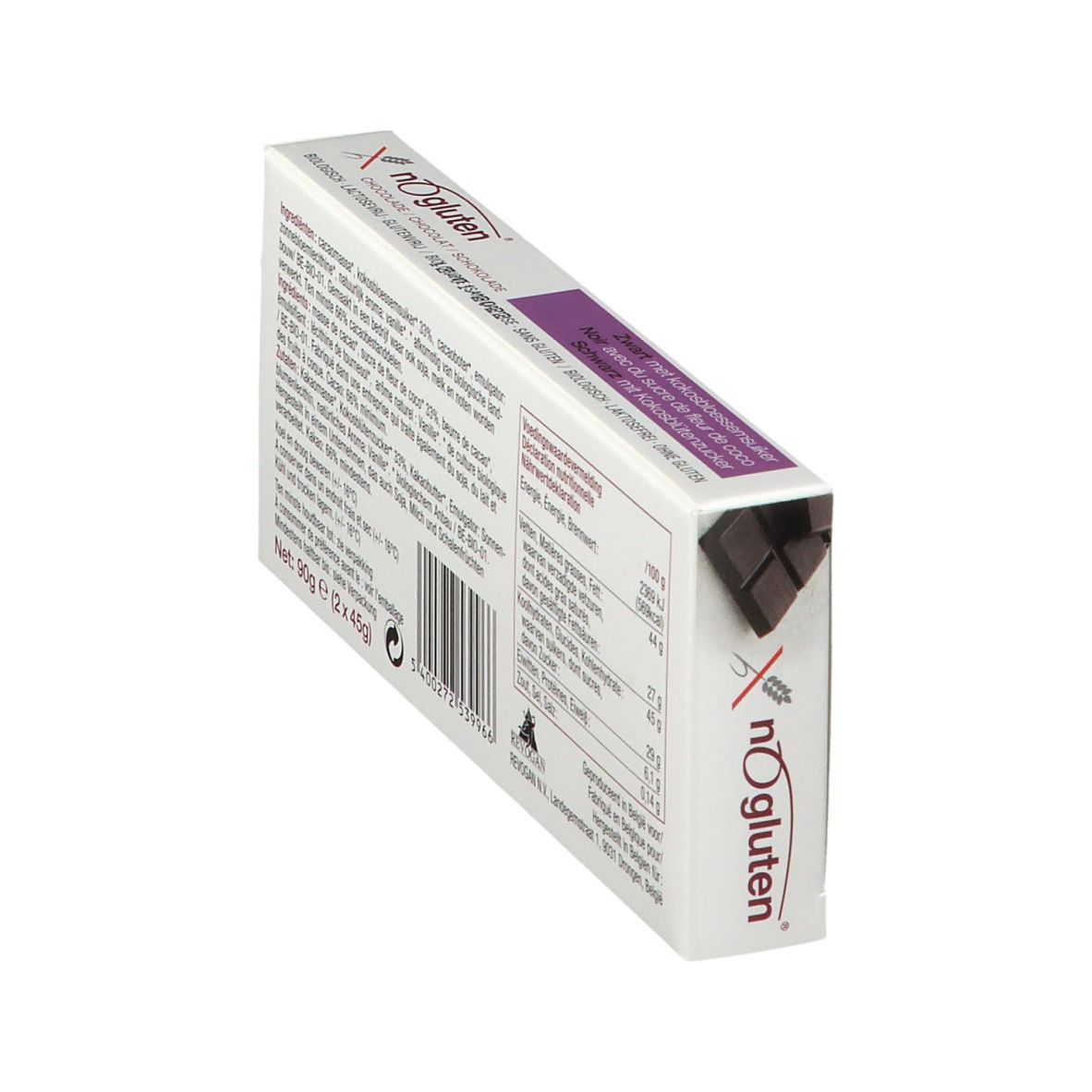 nOgluten Schokoladenverpackung, schräg. Zutatenliste und Nährwertangaben. 90g. Glutenfrei, laktosefrei.