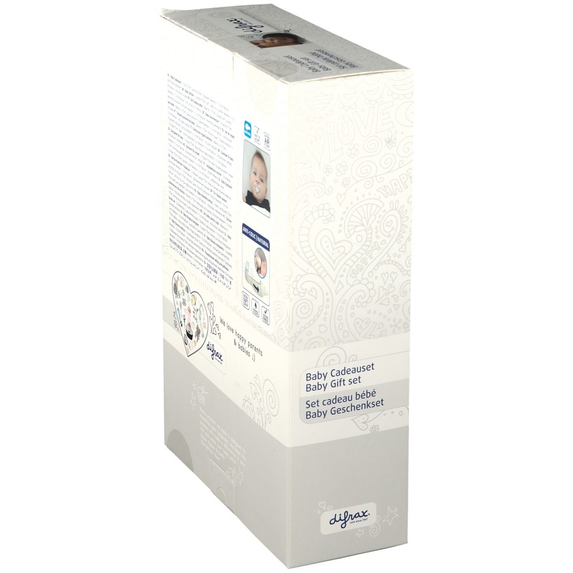 Seitenansicht der Geschenkbox. Text und Logo. Marke difrax®.