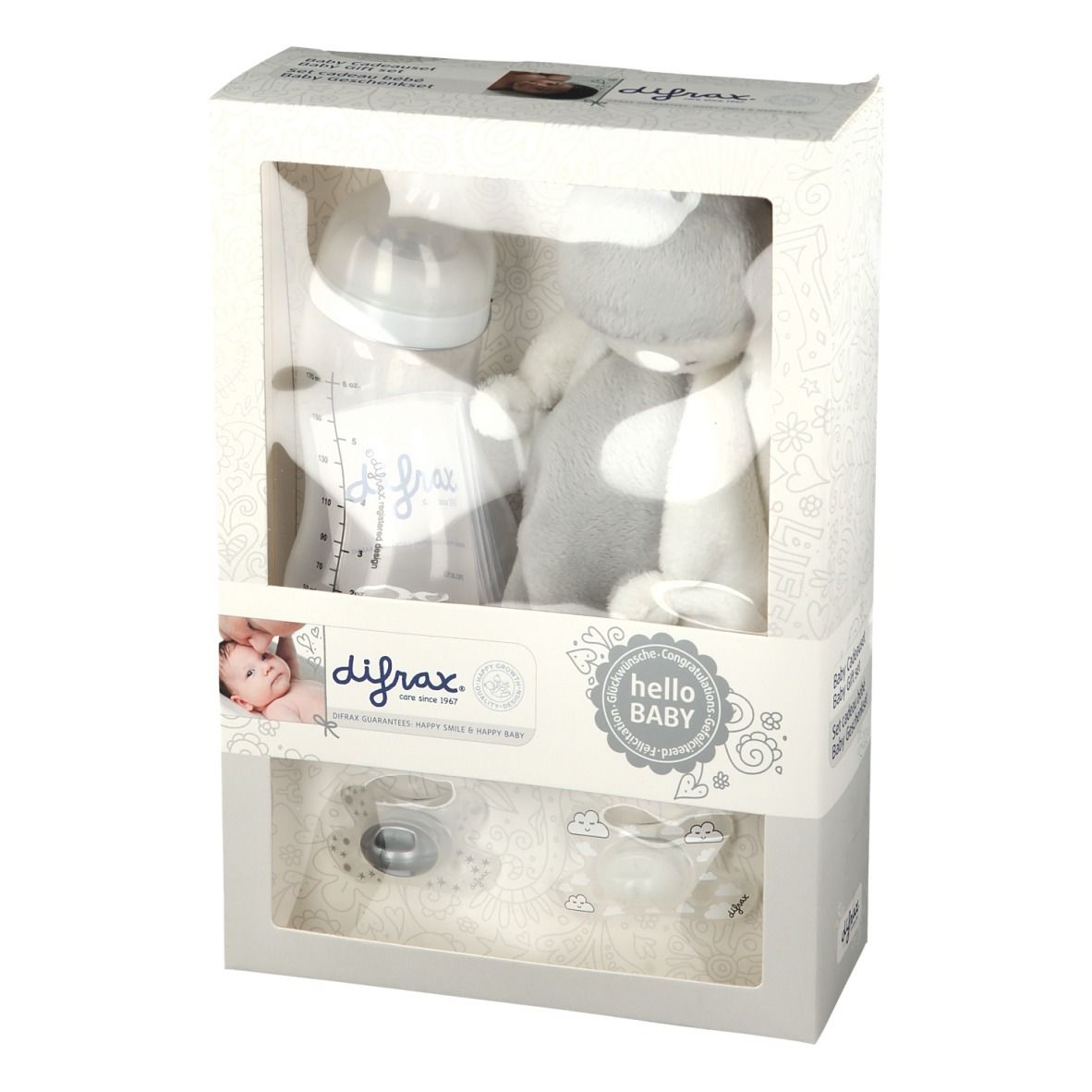 Geschenkset mit Flasche, Schnullern und Kuscheltier. Verpackung mit Sichtfenster. Marke difrax®.