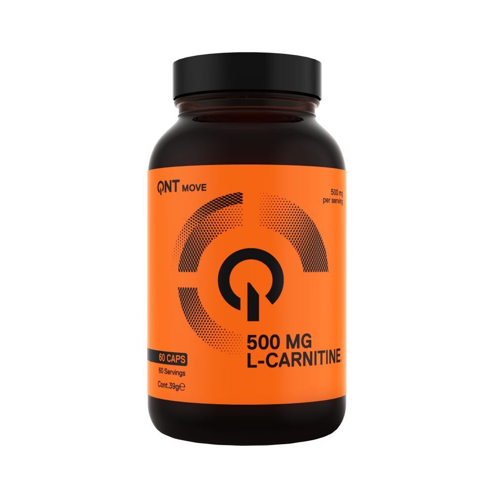 Braune Flasche mit schwarzen Deckel. Orangefarbenes Etikett mit Produktinformationen: 500 mg L-Carnitin, 60 Kapseln.
