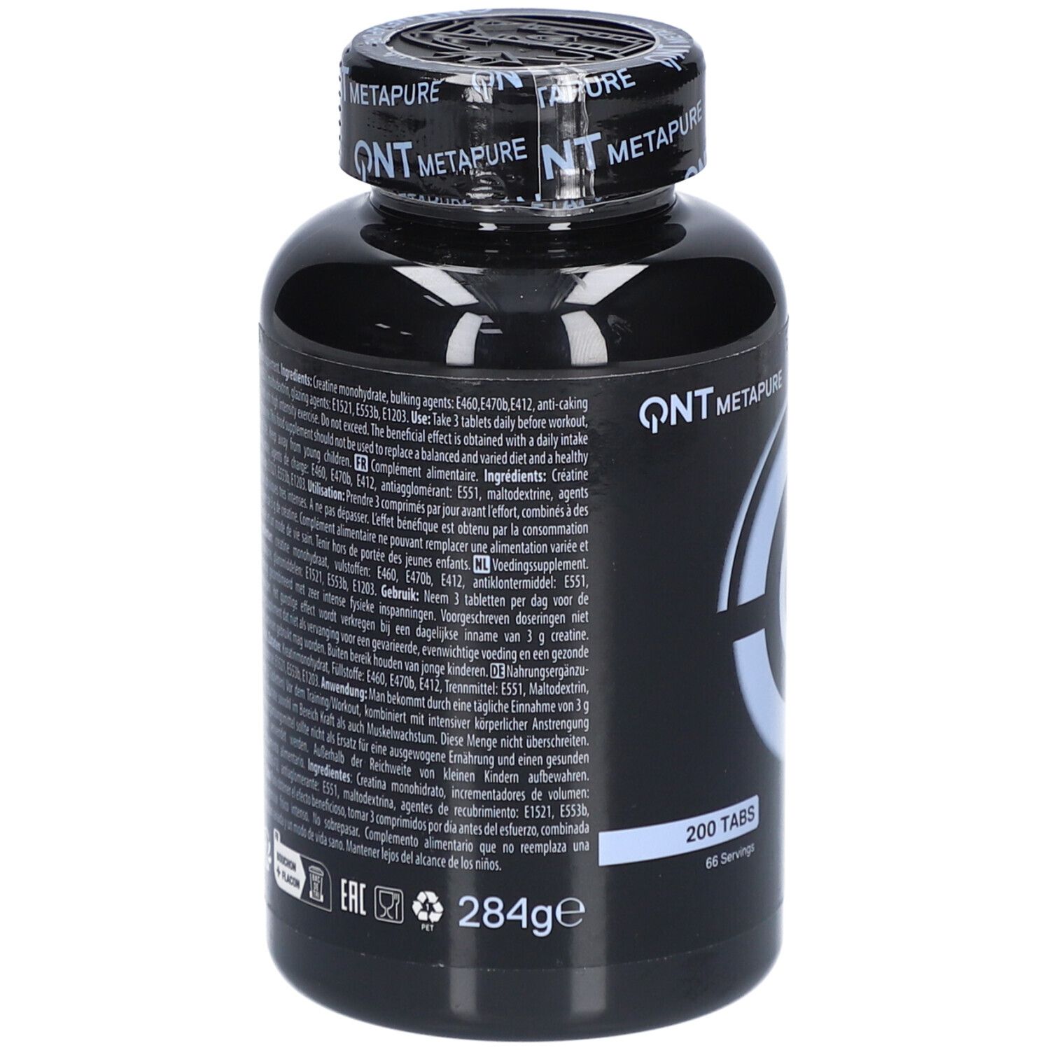 Schwarze Flasche mit weißer Schrift. Aufschrift: QNT Metapure. Enthält 200 Tabletten. Auf der Rückseite sind Inhaltsstoffe und Nährwertangaben.