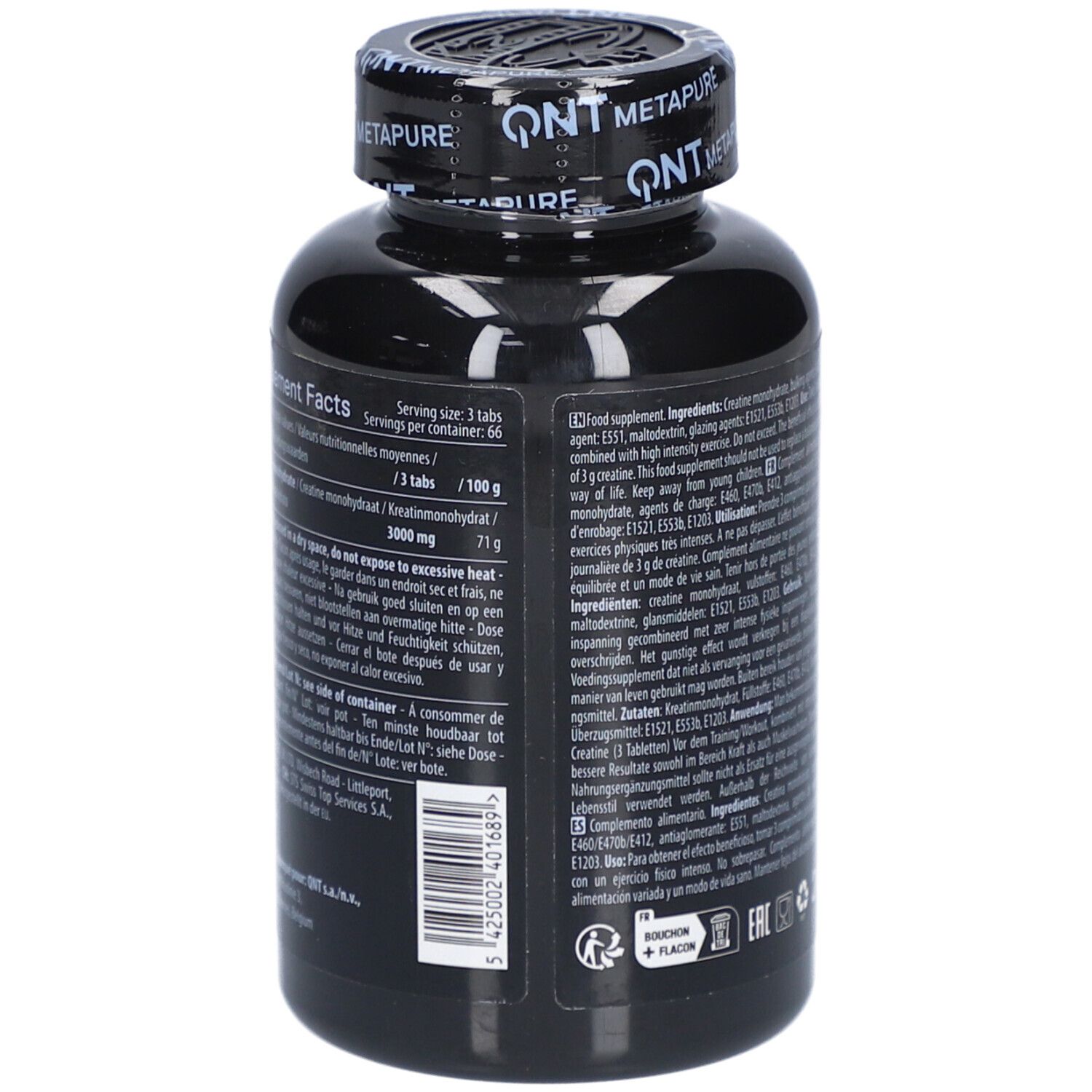 Schwarze Flasche mit weißer Schrift. Aufschrift: QNT Metapure. Enthält Nährwertangaben. 3000 mg pro Portion. 200 Tabletten.