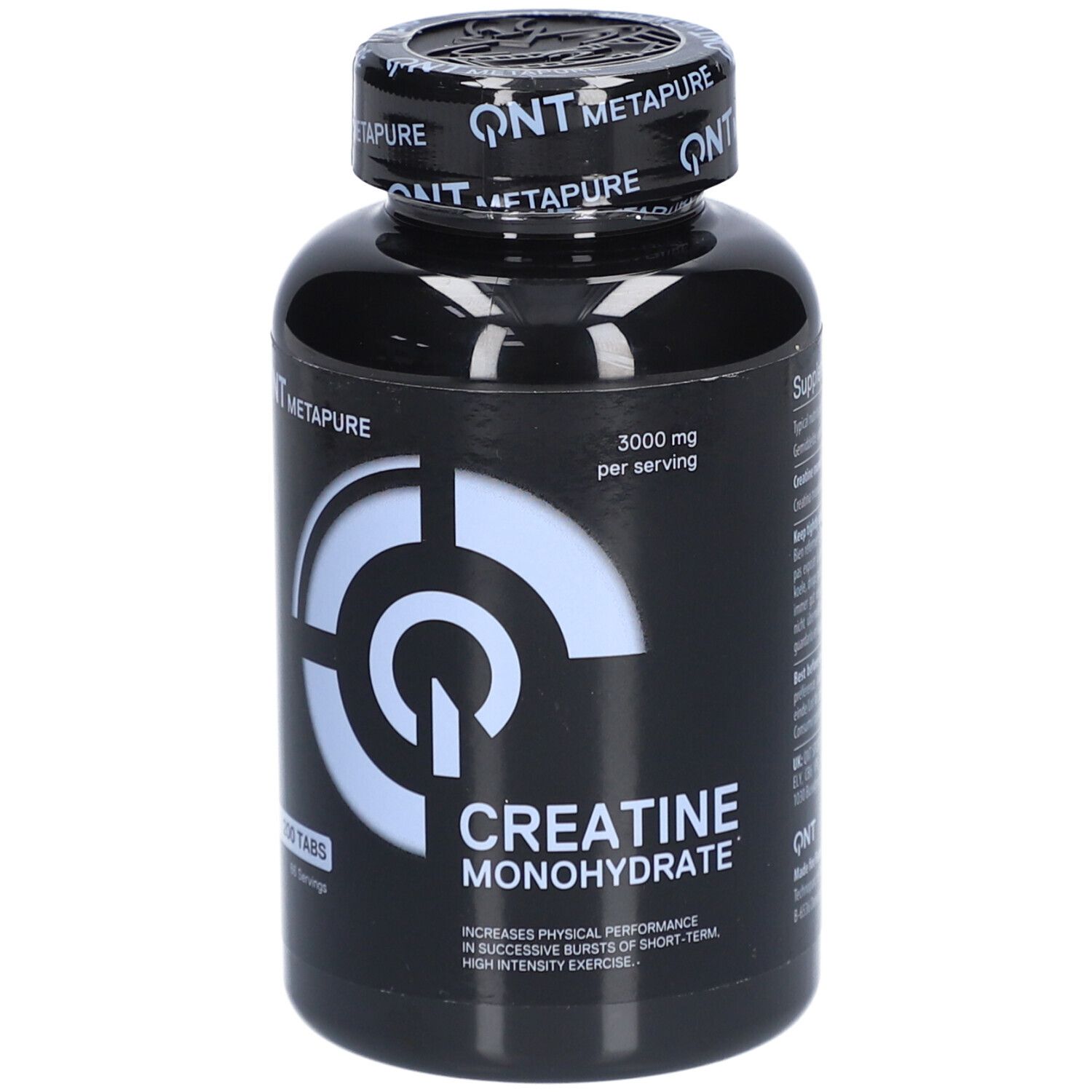 Schwarze Flasche mit weißer Schrift. Aufschrift: QNT Metapure. Kreatin Monohydrat. 3000 mg pro Portion. 200 Tabletten.