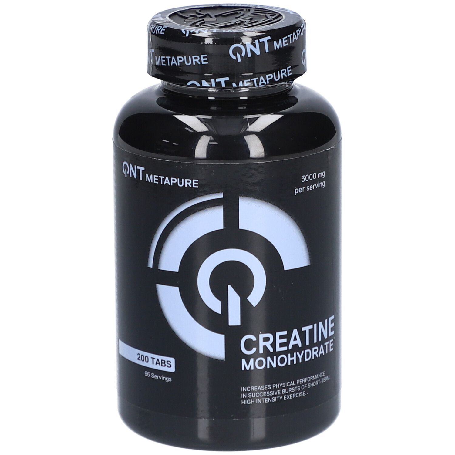 Schwarze Flasche mit weißer Schrift. Aufschrift: QNT Metapure. Kreatin Monohydrat. 200 Tabletten. 66 Portionen.