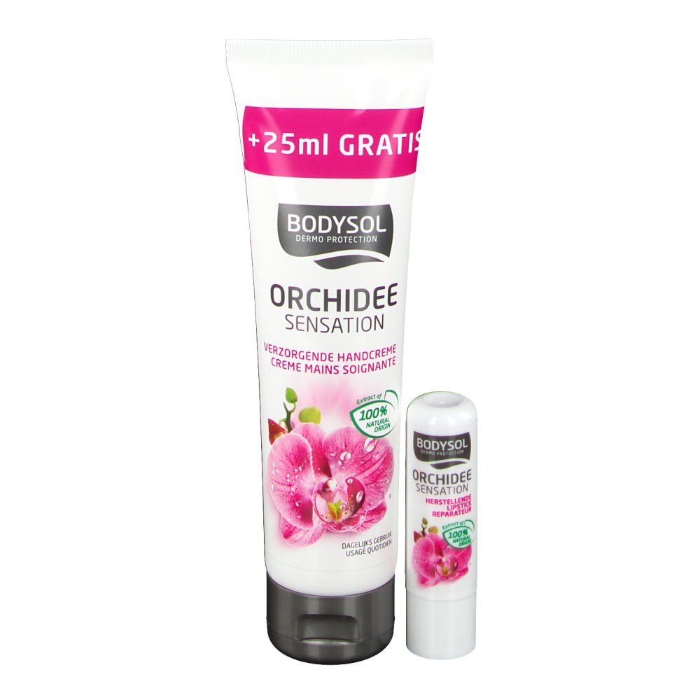 Handcreme und Lippenbalsam. Handcreme-Tube mit Orchideen-Abbildung und '+25ml GRATIS'. Lippenbalsam daneben.