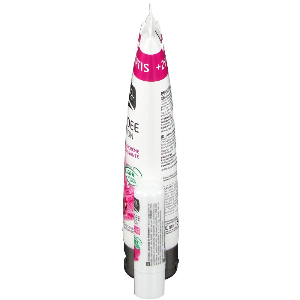 Ansicht von oben auf Handcreme-Tube und Lippenbalsam. Aufschrift '+25ml GRATIS' und Produktinformationen.