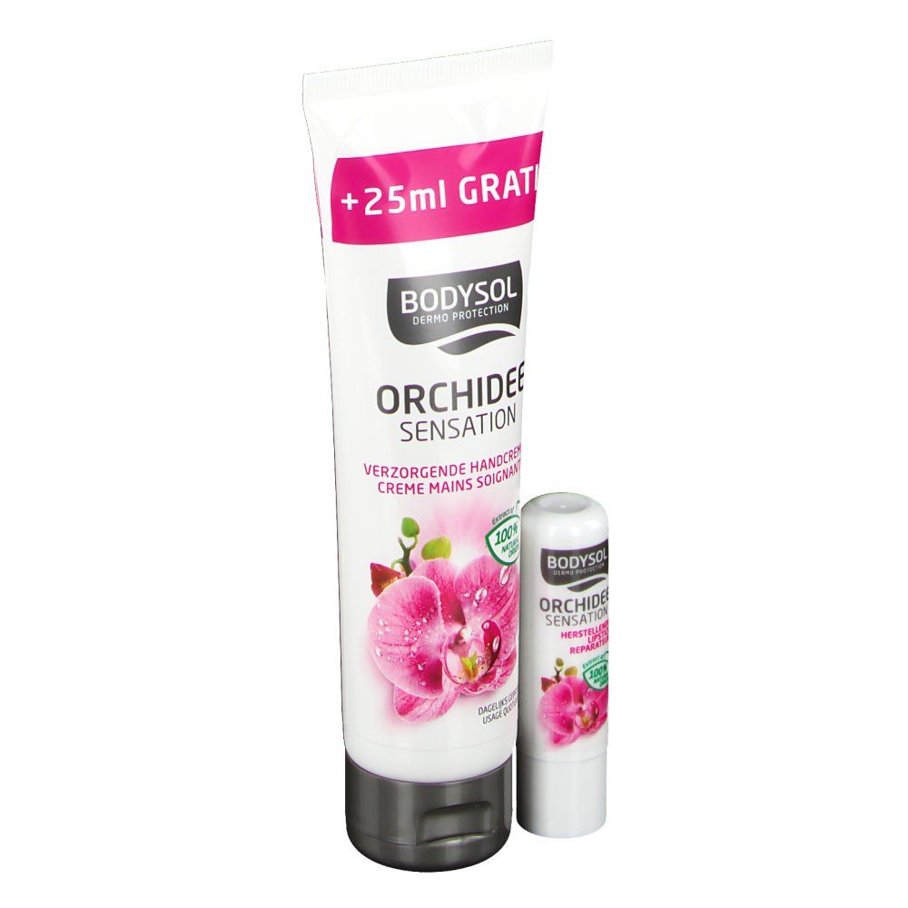 Handcreme-Tube und Lippenbalsam. Handcreme mit Orchideen-Abbildung und '+25ml GRATIS'. Lippenbalsam daneben.